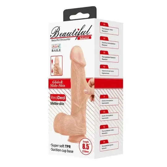 Realistic dildo BAILE Bahamut natural 21.8 cm with suction cup and testicles, textured surface.