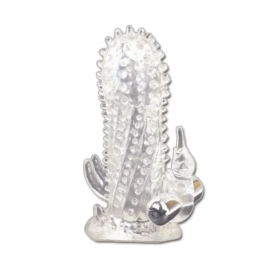 Extension de pénis vibrante Baile for Him avec balle clitoridienne, manchon nervuré violet pour stimulation.