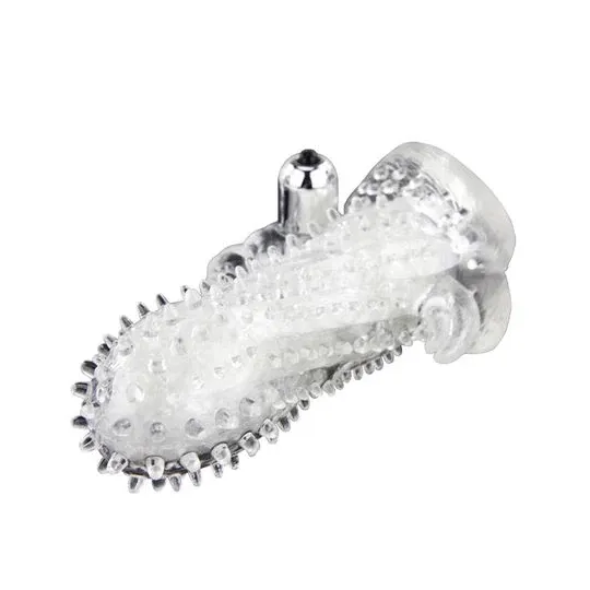 Vibrating penis extender Baile for Him with clitoral ball, ribbed purple sleeve for stimulation.