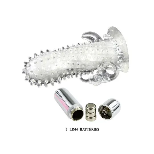 Vibrating penis extender Baile for Him with clitoral ball, ribbed purple sleeve for stimulation.