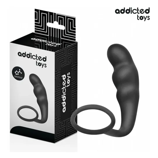 Deep anal plug Addicted Toys with testicle ring - black silicone - overall view