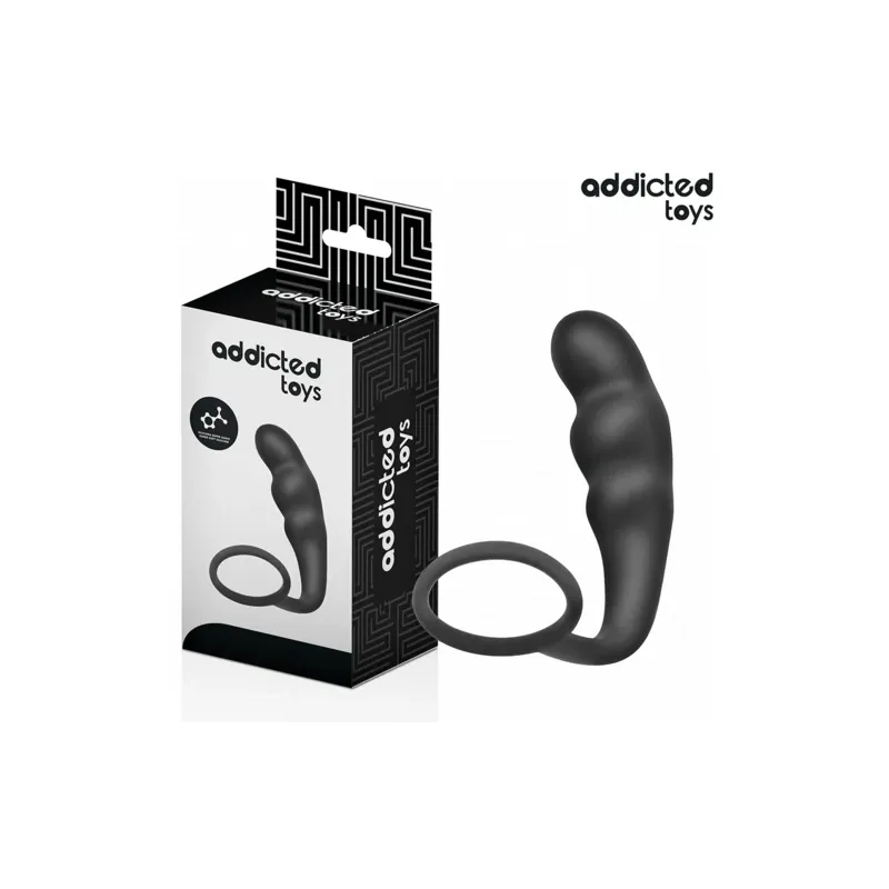 Plug anale profondo Addicted Toys con anello testicolare - silicone nero - vista d'insieme