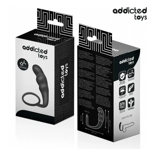 Plug anal profond Addicted Toys avec anneau testiculaire - silicone noir - vue d'ensemble