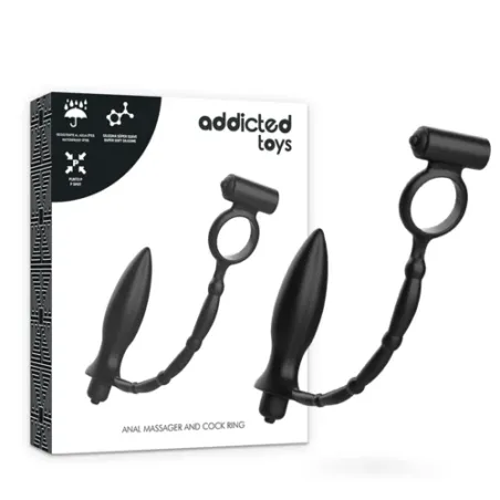 Plug anal vibrant Addicted Toys en silicone noir, anneau vibrant pour pénis, vue d'ensemble du produit