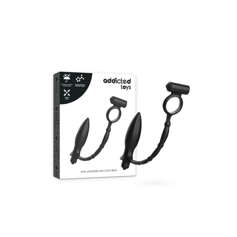 Plug anal vibrante Addicted Toys de silicona negra, anillo vibrante para pene, vista general del producto" }, { "image_id": 476,