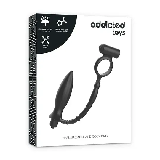 Addicted Toys anal plug with vibrating ring, black silicone, product overview shot