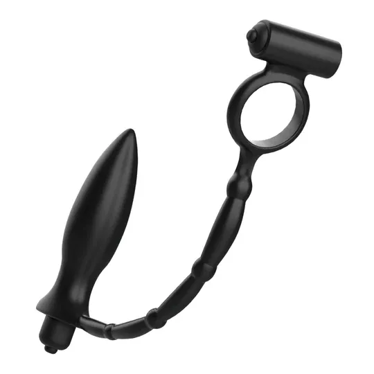 Plug anal vibrant Addicted Toys en silicone noir, anneau vibrant pour pénis, vue d'ensemble du produit