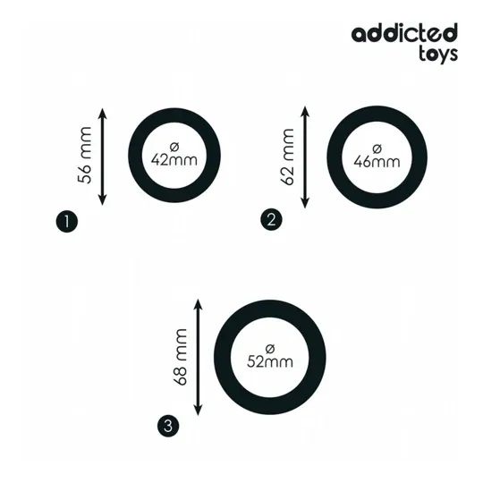 Addicted Toys lotto di 3 anelli piatti in silicone per pene - vista d'insieme delle tre taglie