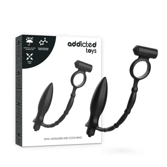 Plug anal vibrante Addicted Toys de silicona negra, anillo vibrante para pene, vista general del producto" }, { "image_id": 476,