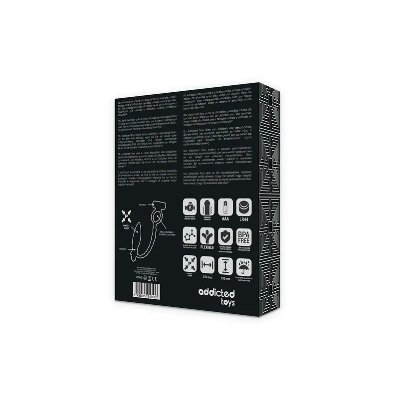 Plug anal vibrant Addicted Toys en silicone noir, anneau vibrant pour pénis, vue d'ensemble du produit