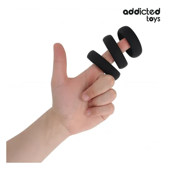 Lot de 3 anneaux plats en silicone confort Addicted Toys - vue d'ensemble des trois tailles