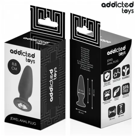 Plug anal bijou Addicted Toys taille S 8,8 cm en silicone noir avec base ornée d'un strass
