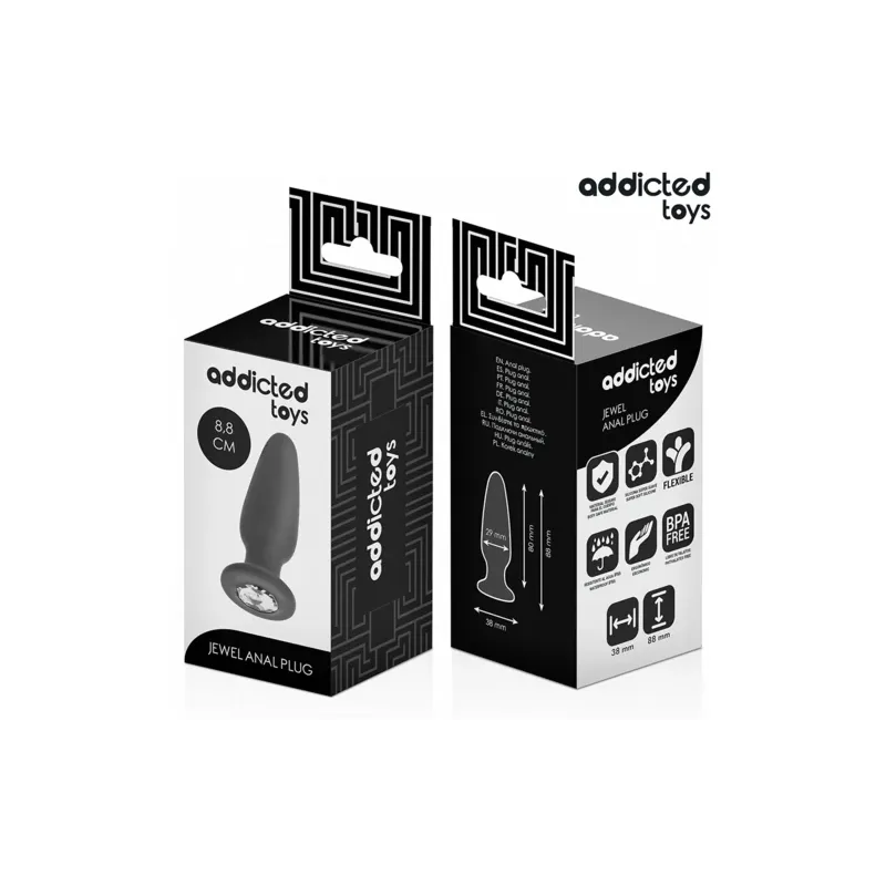 Addicted Toys Analplug mit Juwel Größe S 8,8 cm aus schwarzem Silikon mit glitzerndem Stein