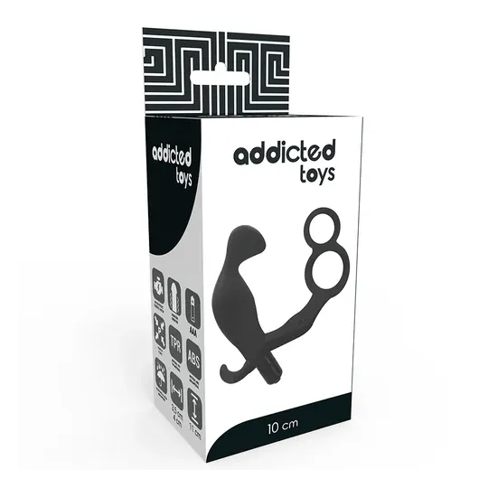 Black vibrating anal plug Addicted Toys with double cock and ball rings