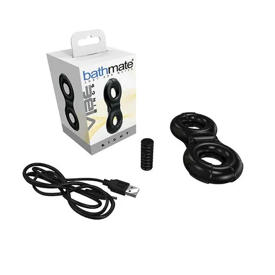 Rechargeable vibrating cock ring BATHMATE Eight 3 speeds black overall view with bullet vibrator included