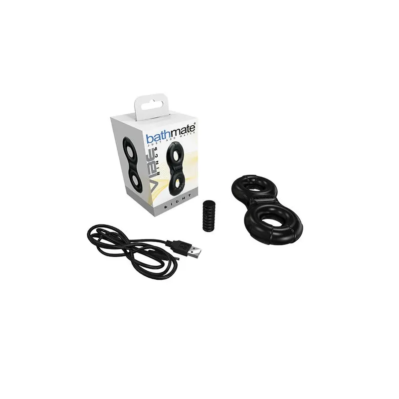 Anneau vibrant rechargeable BATHMATE Eight 3 vitesses noir pour pénis vue d'ensemble avec balle vibrante incluse