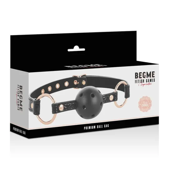 Bavaglio a palla in pelle vegana nero BEGME Black Edition con fori di ventilazione per sicurezza