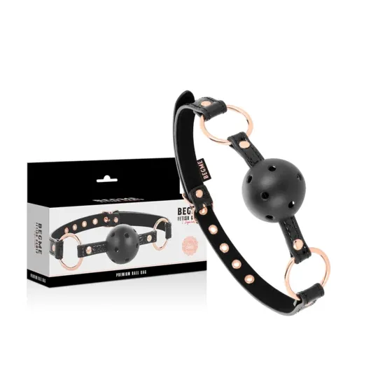 Bavaglio a palla in pelle vegana nero BEGME Black Edition con fori di ventilazione per sicurezza