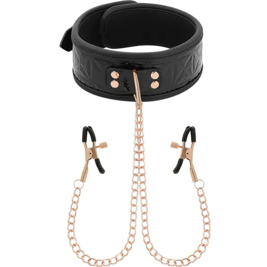 BEGME black bondage collar with adjustable nipple clamps and silver chain