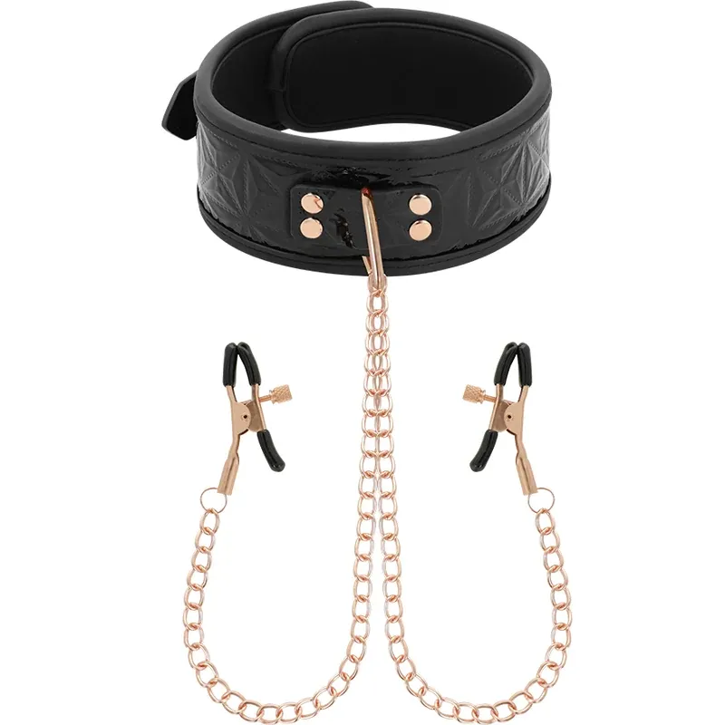 Collare bondage BEGME nero con pinze per capezzoli regolabili e catena argento