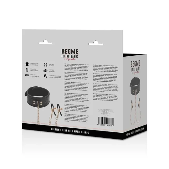 Collier bondage BEGME noir avec pinces à seins réglables et chaîne argentée