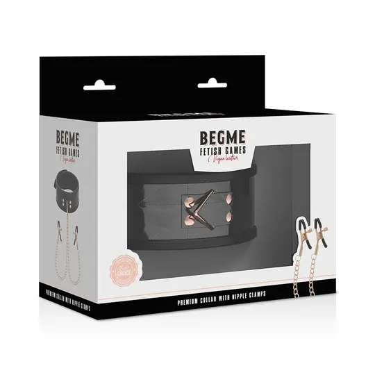 Collare bondage BEGME nero con pinze per capezzoli regolabili e catena argento