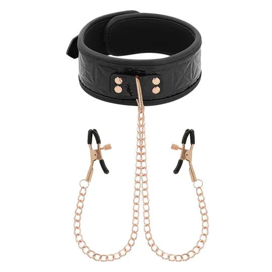 Collier bondage BEGME noir avec pinces à seins réglables et chaîne argentée