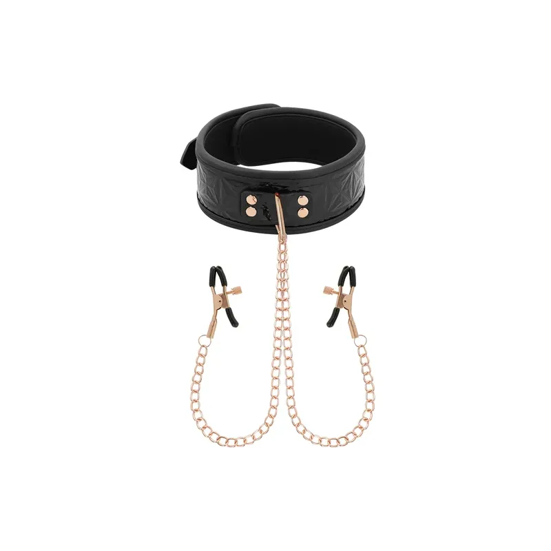 Collier bondage BEGME noir avec pinces à seins réglables et chaîne argentée