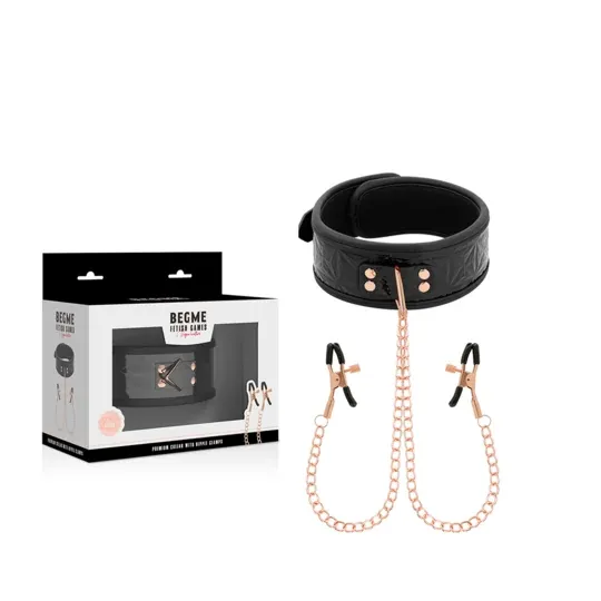 BEGME Bondage Halsband schwarz mit verstellbaren Brustwarzenklammern und Silberkette