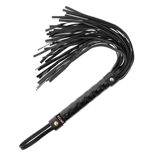 Black vegan leather flogger by BEGME Black Edition, ergonomic handle and soft straps.
