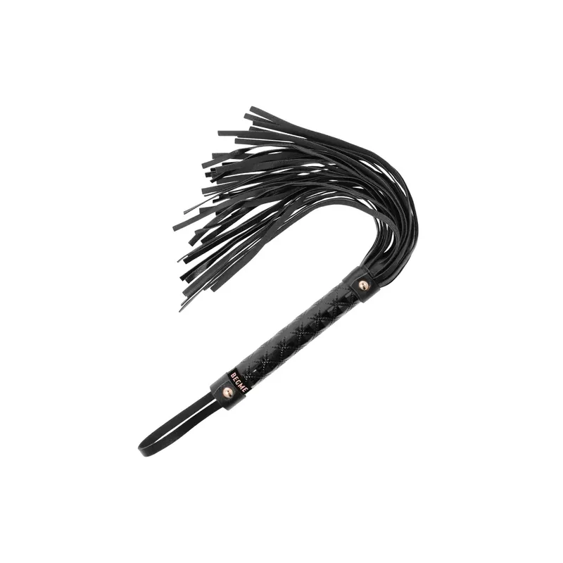 Frusta BDSM in pelle vegana nera, marca BEGME Black Edition, impugnatura ergonomica e strisce morbide.