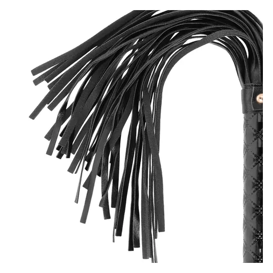 Frusta BDSM in pelle vegana nera, marca BEGME Black Edition, impugnatura ergonomica e strisce morbide.