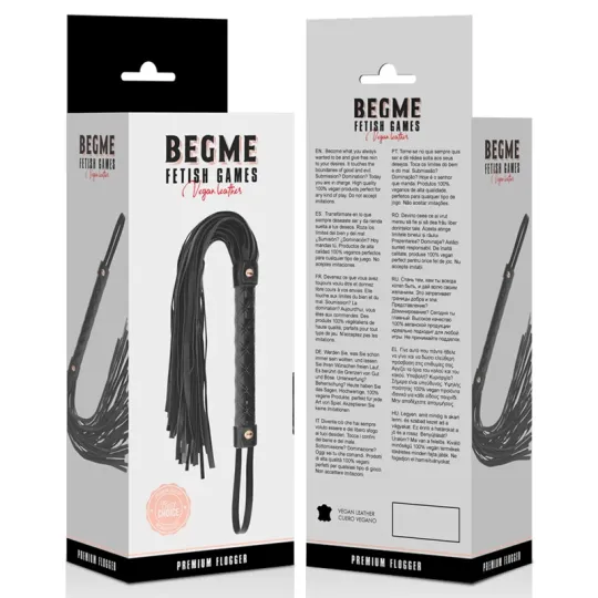 Flogger BDSM en cuir vegan noir, marque BEGME Black Edition, poignée ergonomique et lanières souples.