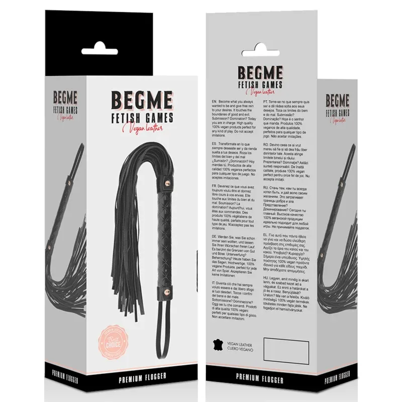 Frusta BDSM in pelle vegana nera, marca BEGME Black Edition, impugnatura ergonomica e strisce morbide.