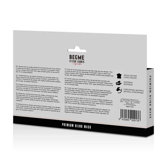 Maschera per occhi in pelle vegana nera BEGME BLACK EDITION, regolabile per giochi BDSM