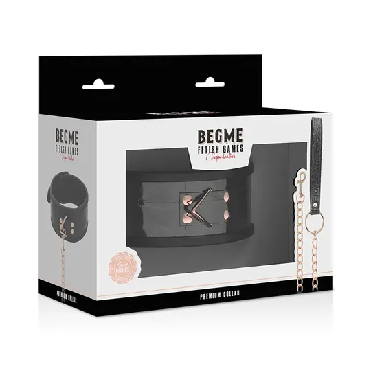 Collar BDSM de cuero vegano negro BEGME Black Edition con anillo metálico sin níquel y correa de control.