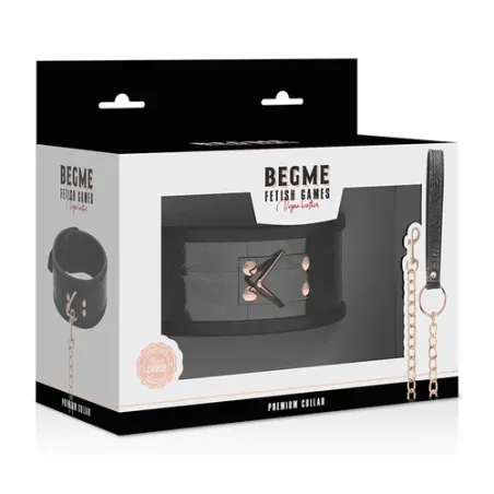 Collare BDSM in pelle vegana nero BEGME Black Edition con anello metallico senza nichel e cinghia di controllo.