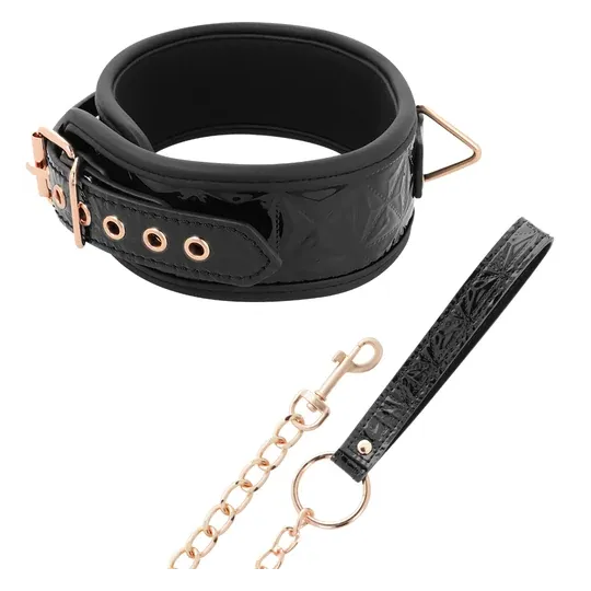 Collier BDSM cuir vegan noir BEGME Black Edition avec anneau métal sans nickel et sangle de contrôle.