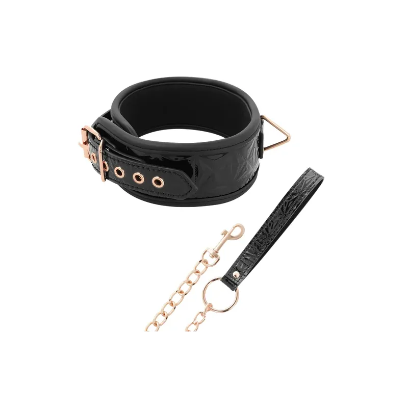 Collare BDSM in pelle vegana nero BEGME Black Edition con anello metallico senza nichel e cinghia di controllo.