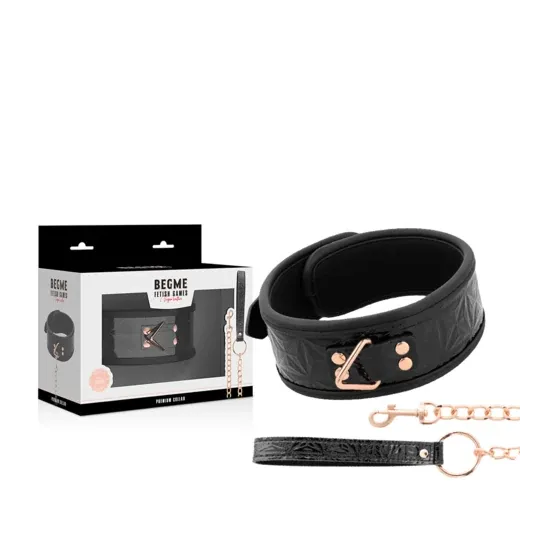 Black vegan leather BDSM collar BEGME Black Edition with nickel-free metal ring and control strap.