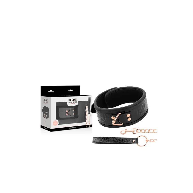 Schwarzes BDSM-Halsband aus veganem Leder von BEGME Black Edition mit nickelfreiem Metallring und Kontrollriemen.