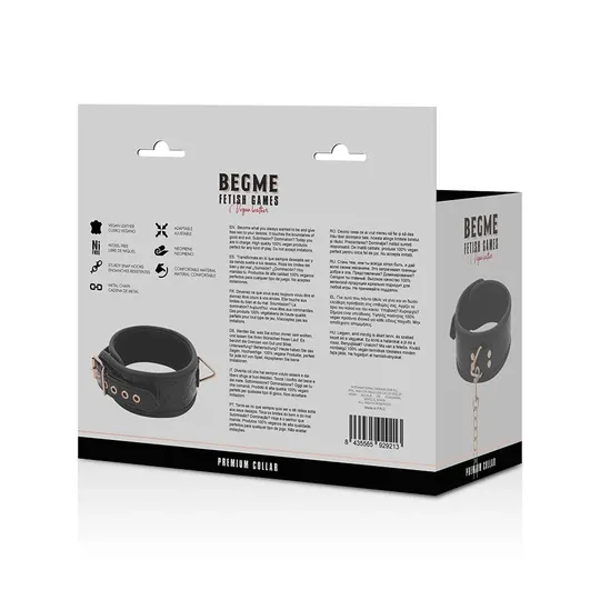 Schwarzes BDSM-Halsband aus veganem Leder von BEGME Black Edition mit nickelfreiem Metallring und Kontrollriemen.