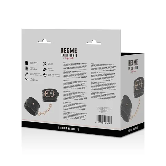 Manette in finta pelle nera BEGME Black Edition, metallo senza nichel, regolabili e imbottite per giochi BDSM.