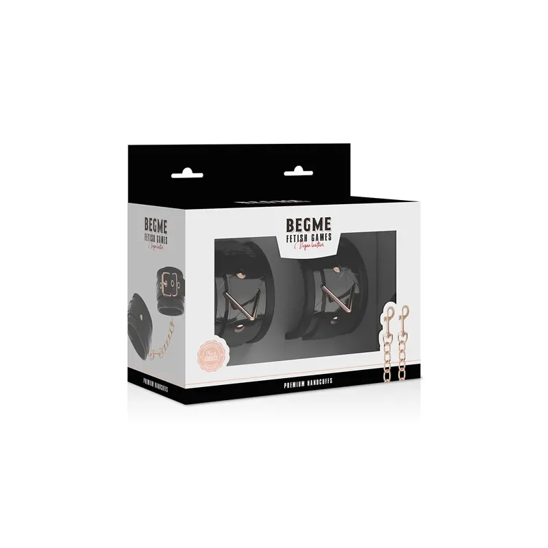 Menottes en simili cuir noir BEGME Black Edition, métal sans nickel, réglables et rembourrées pour jeux BDSM.