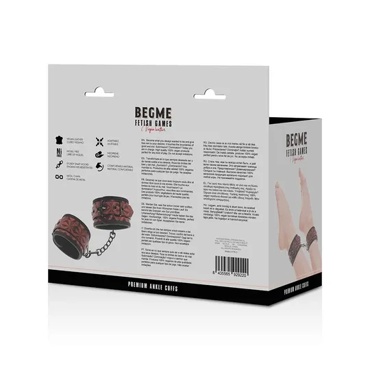 BEGME RED EDITION – manette caviglie bondage pelle vegana rossa con rivestimento in neoprene regolabili