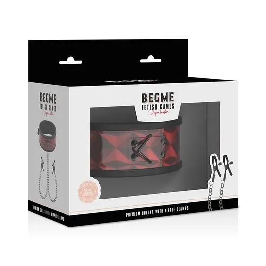 Collare bondage rosso BEGME Red Edition con pinze per capezzoli regolabili, catena argentata, rivestimento in neoprene