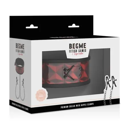 Collare bondage rosso BEGME Red Edition con pinze per capezzoli regolabili, catena argentata, rivestimento in neoprene