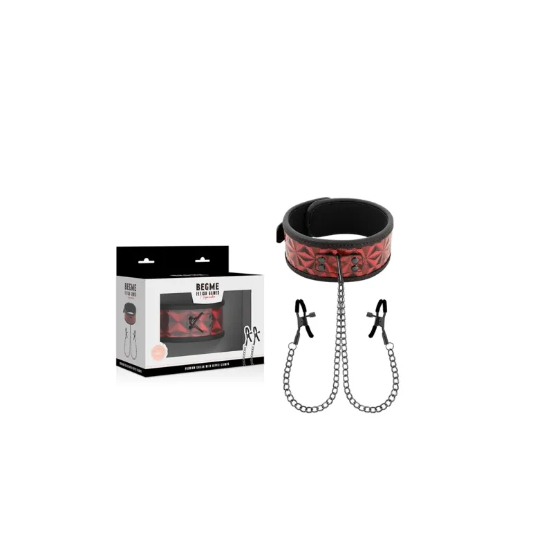 Collare bondage rosso BEGME Red Edition con pinze per capezzoli regolabili, catena argentata, rivestimento in neoprene
