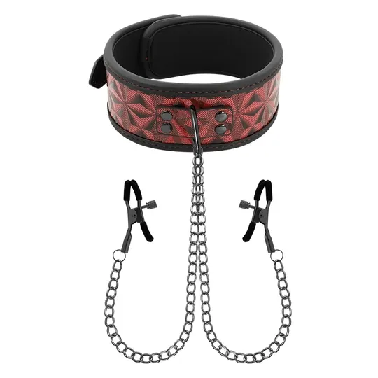 Collare bondage rosso BEGME Red Edition con pinze per capezzoli regolabili, catena argentata, rivestimento in neoprene