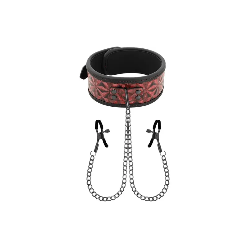 Collare bondage rosso BEGME Red Edition con pinze per capezzoli regolabili, catena argentata, rivestimento in neoprene